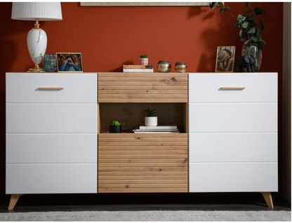 Bretanova Slatted Artisan Oak Effect And White Gloss Sideboard