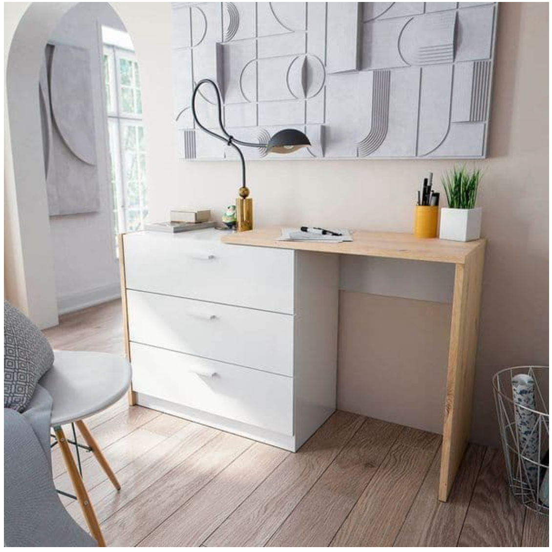 Gothenburg White and Oak Space Saving Chest of Drawer Desk