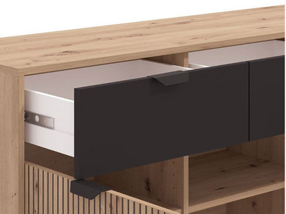 Martinique Artisan Oak Effect Slatted And Black 3 Door Sideboard