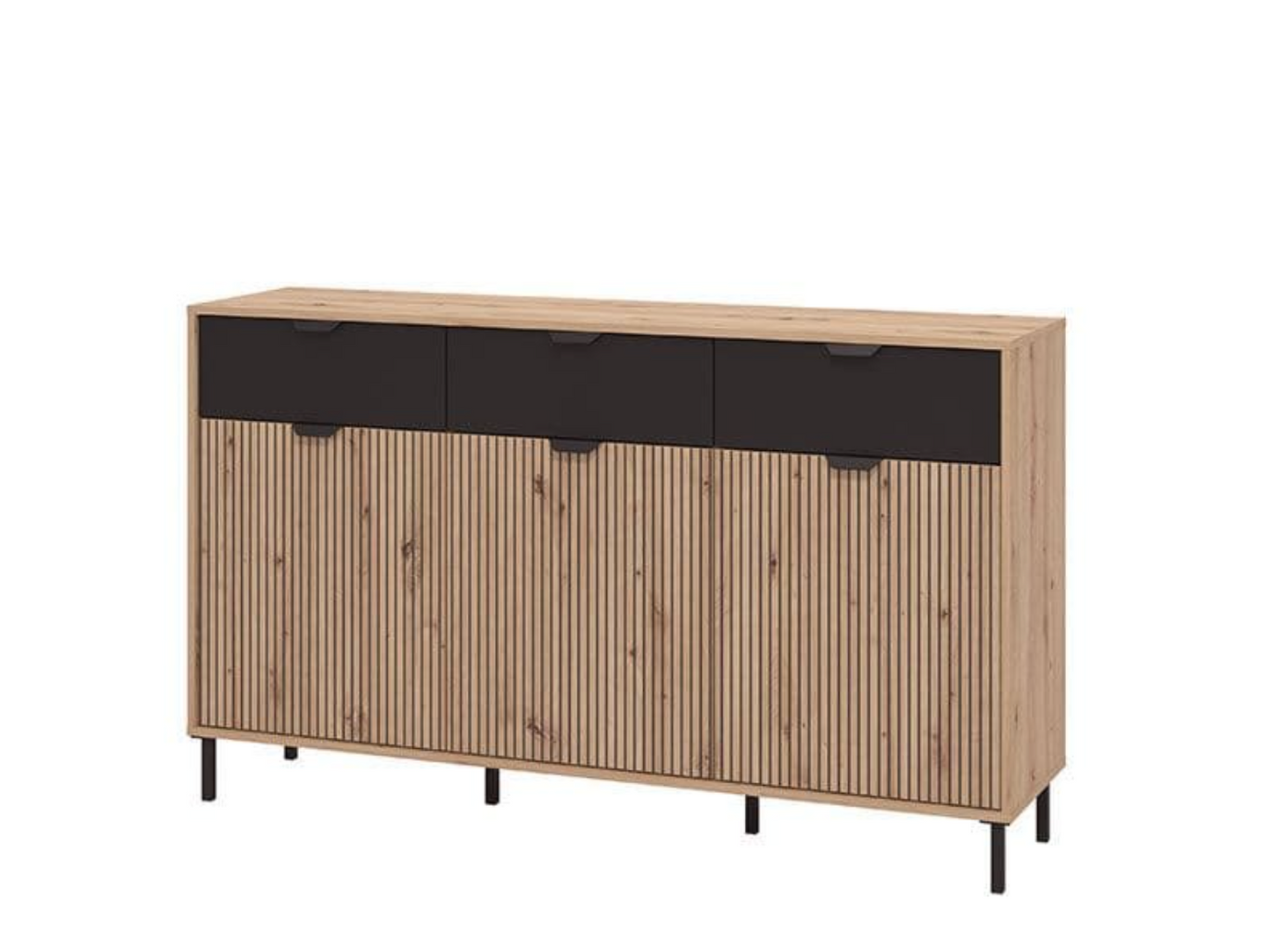 Martinique Artisan Oak Effect Slatted And Black 3 Door Sideboard
