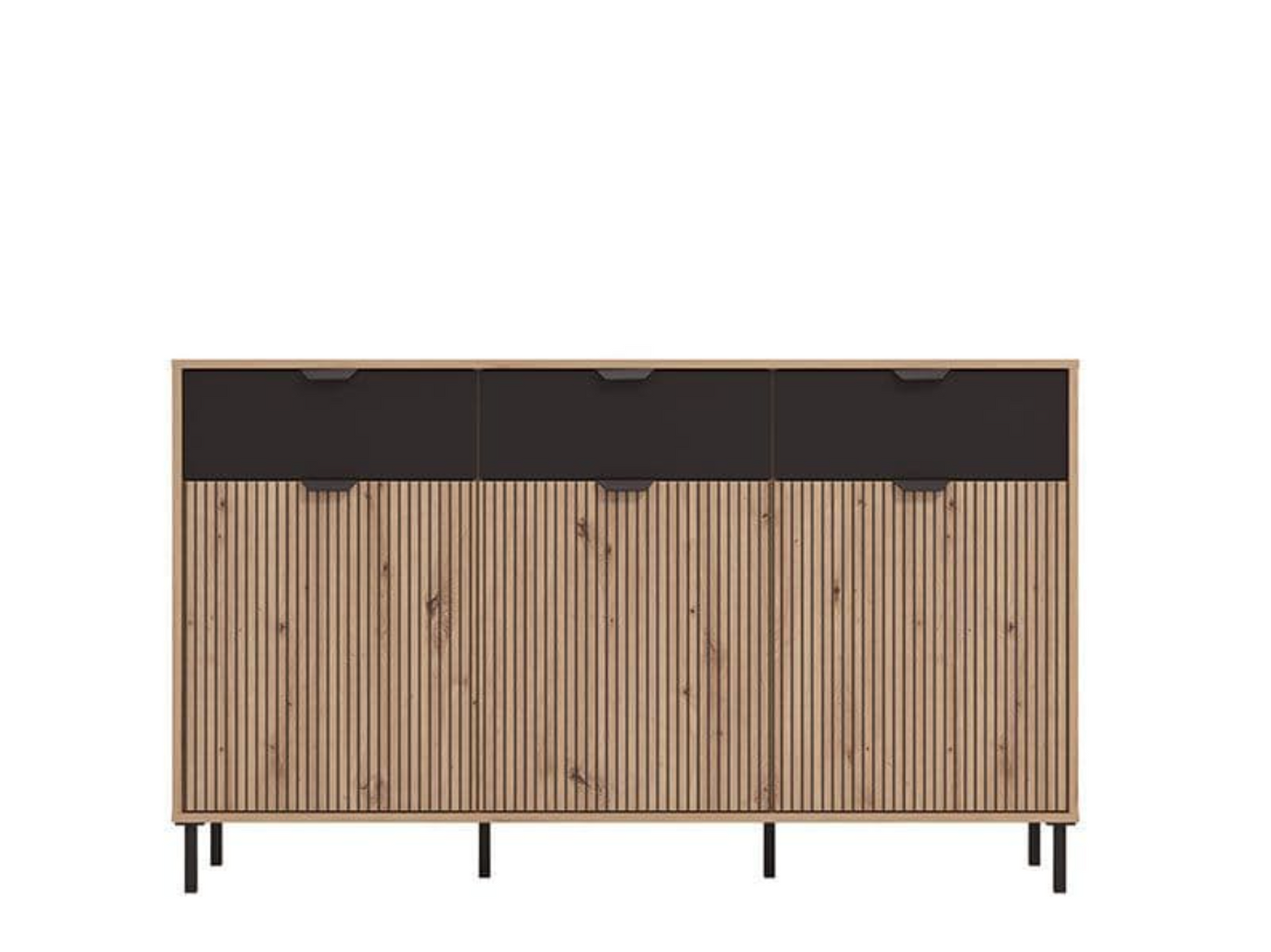 Martinique Artisan Oak Effect Slatted And Black 3 Door Sideboard