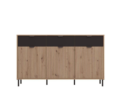 Martinique Artisan Oak Effect Slatted And Black 3 Door Sideboard