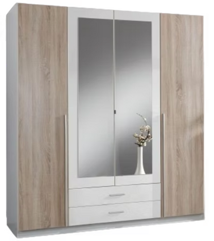 Artic White and Oak Effect 4 Door / 2 Drawer Wardrobe