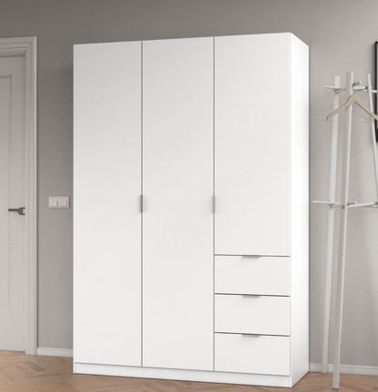 Cairo Artic White Compact 3 Door 3 Drawer Space-Saving 135cm Wardrobe