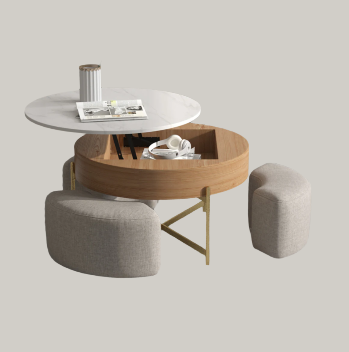 Round Marble Top Coffee Table with Ottoman & Lift-Up Storage