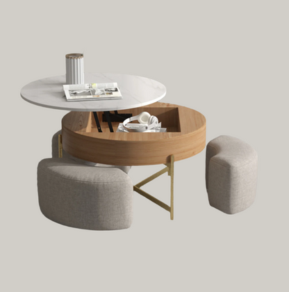 Round Marble Top Coffee Table with Ottoman & Lift-Up Storage