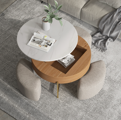 Round Marble Top Coffee Table with Ottoman & Lift-Up Storage