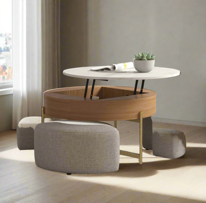 Round Marble Top Coffee Table with Ottoman & Lift-Up Storage