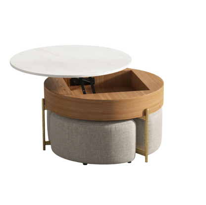 Round Marble Top Coffee Table with Ottoman & Lift-Up Storage