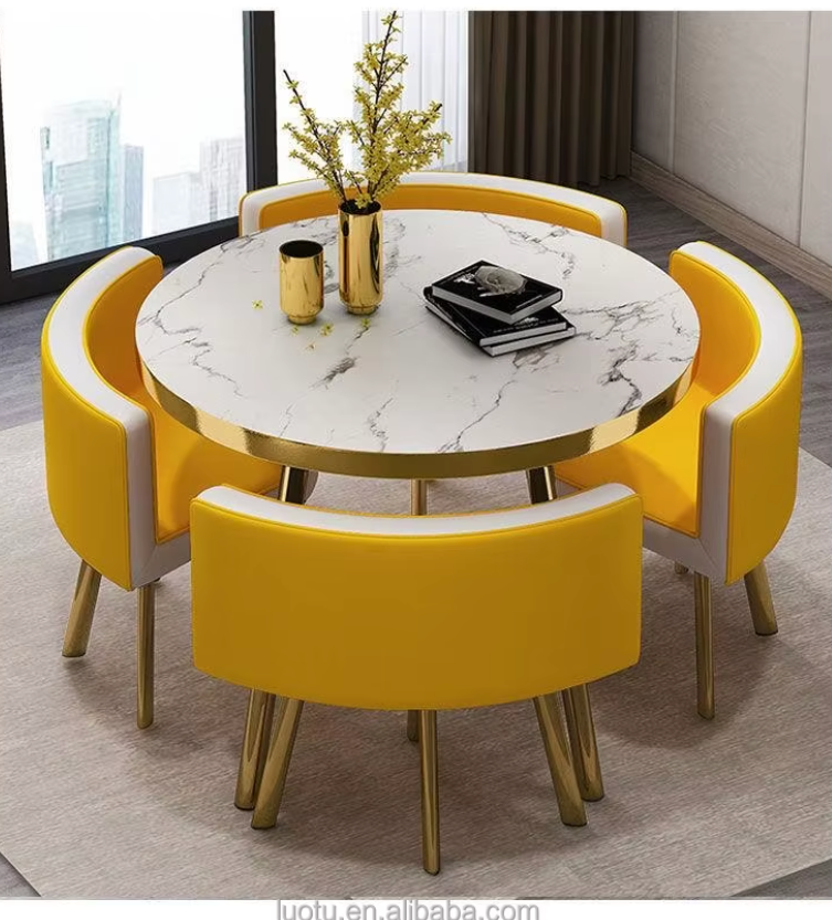 Luxury Round Top Dining Table Set with Metal Chairs MDF Wood for Living Room Restaurant Bar Office 1 Table 4 Chairs