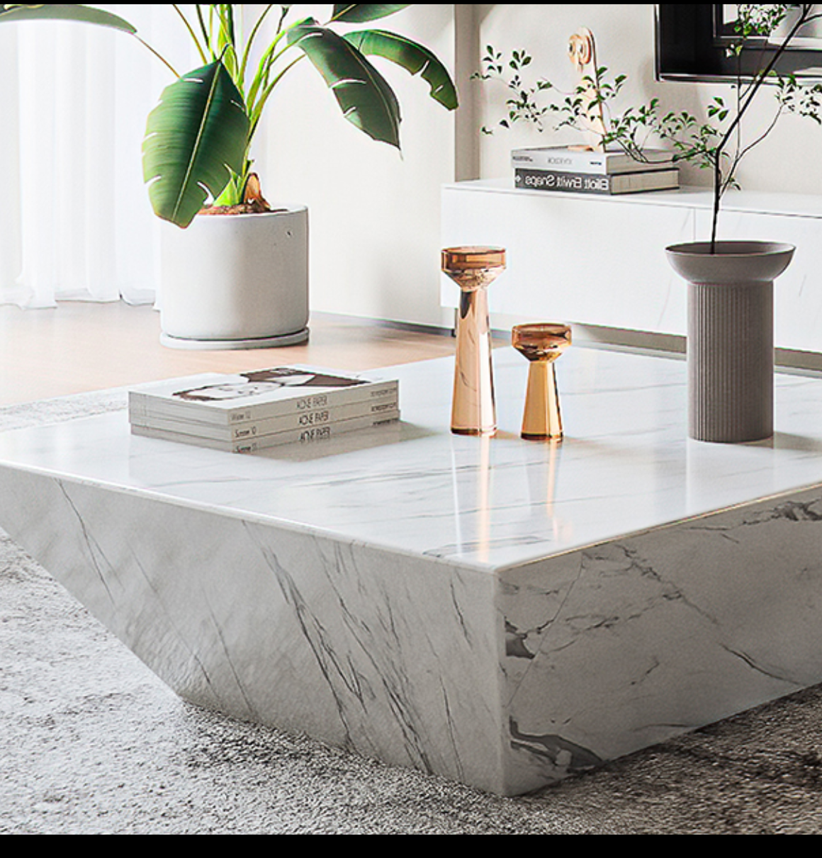 Luxury White Marble Coffee Table – Square Drum Trapezoid Design for Modern Living Rooms