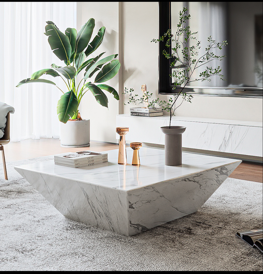 Luxury White Marble Coffee Table – Square Drum Trapezoid Design for Modern Living Rooms