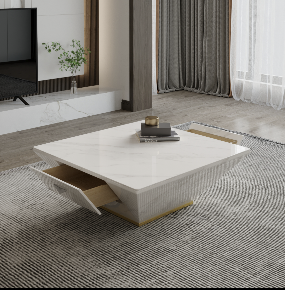 Luxury White Marble Coffee Table – Square Drum Trapezoid Design for Modern Living Rooms
