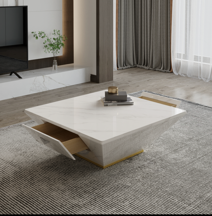 Luxury White Marble Coffee Table – Square Drum Trapezoid Design for Modern Living Rooms
