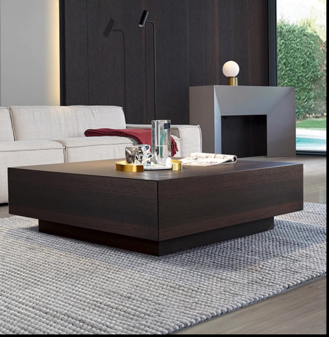 Designer Smoked Wood Coffee Table – Square Minimalist Storage Table 100×100×35 cm