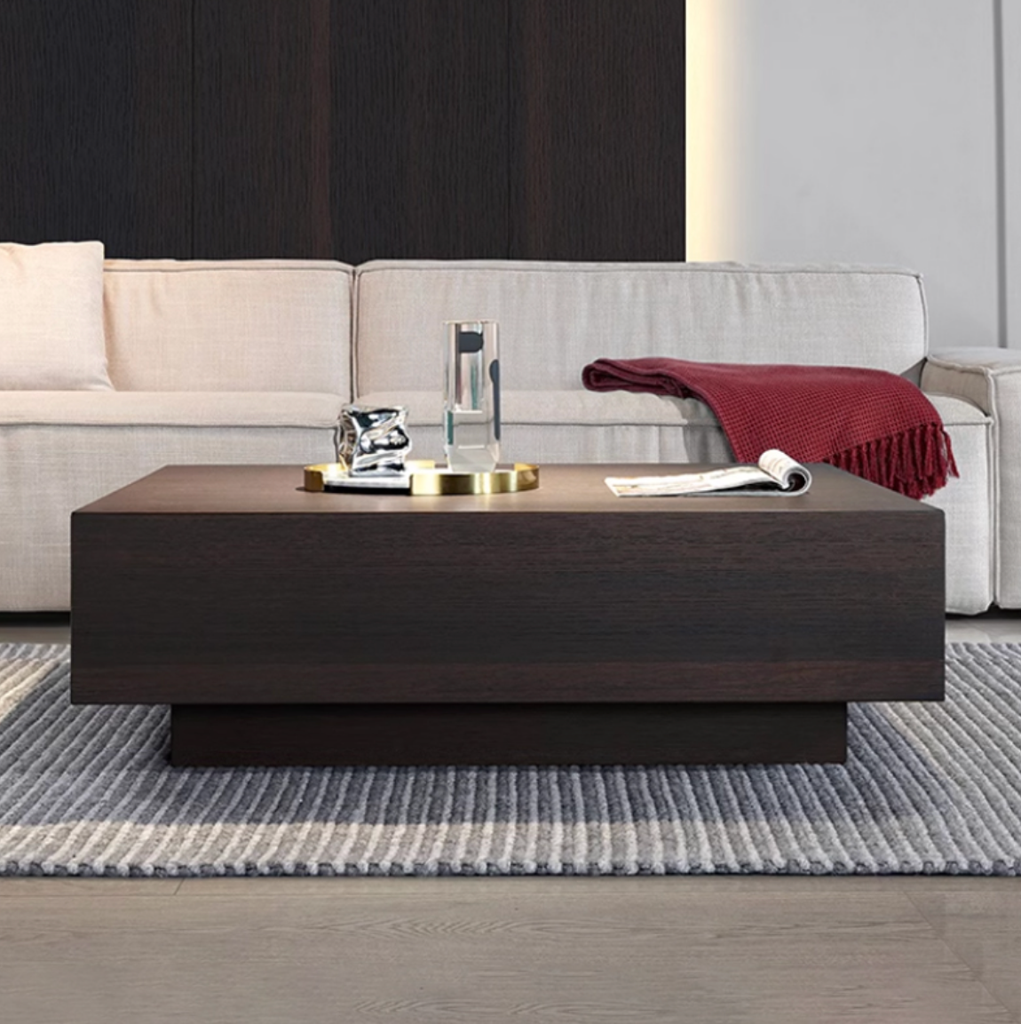 Designer Smoked Wood Coffee Table – Square Minimalist Storage Table 100×100×35 cm