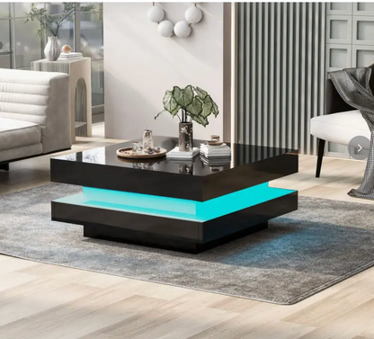 JTM Stylish High Gloss Coffee Table with Rotating Top, 16-Colour LED Light, Rectangular Occasional Table with Lift Top, 70x70x36 cm, Black