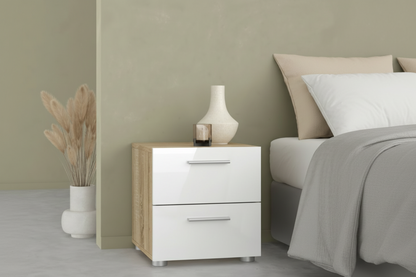 Pepe Bedside 2 Drawers in Oak with White High Gloss