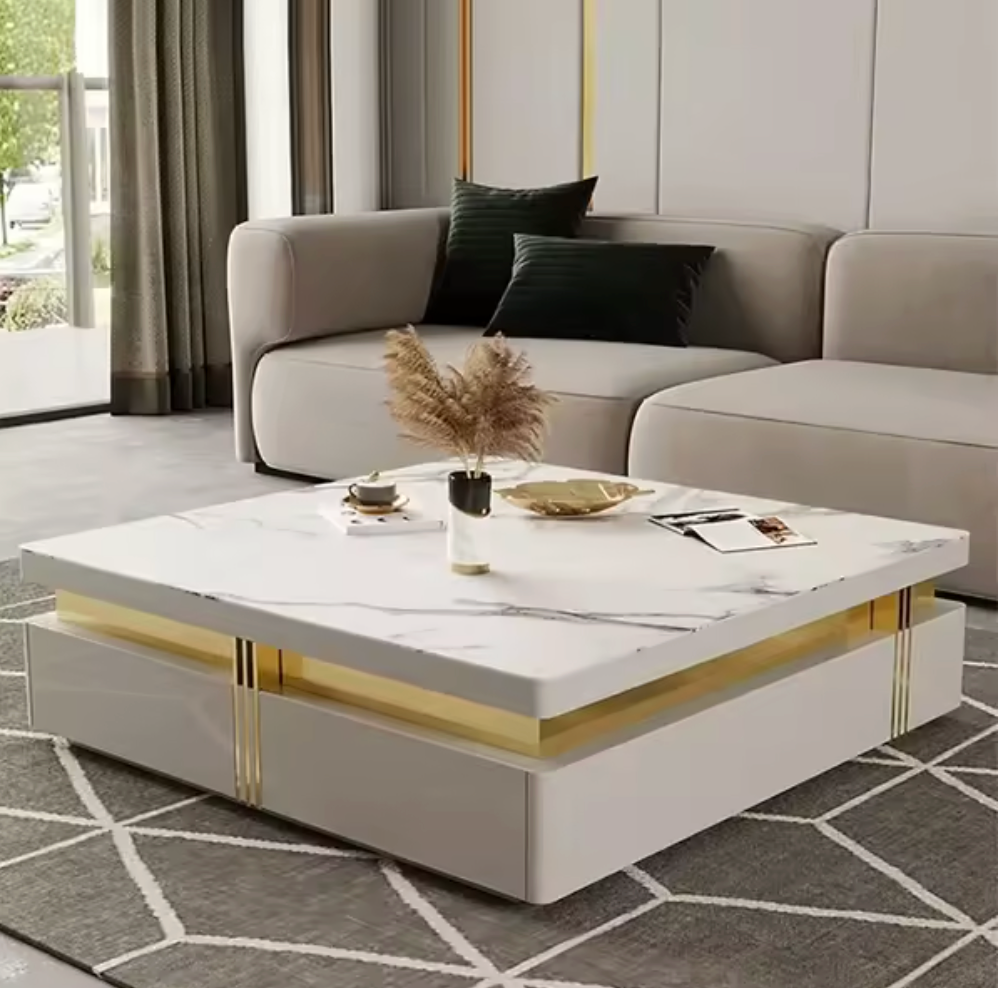 Luxury White and Gold Marble Effect Coffee Table With Storage