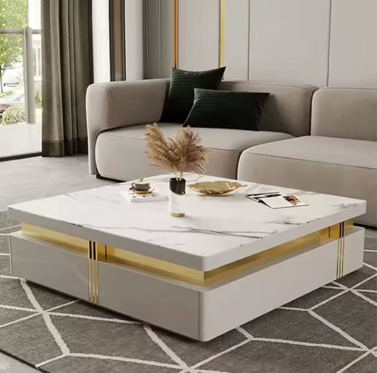 Luxury White and Gold Marble Effect Coffee Table With Storage