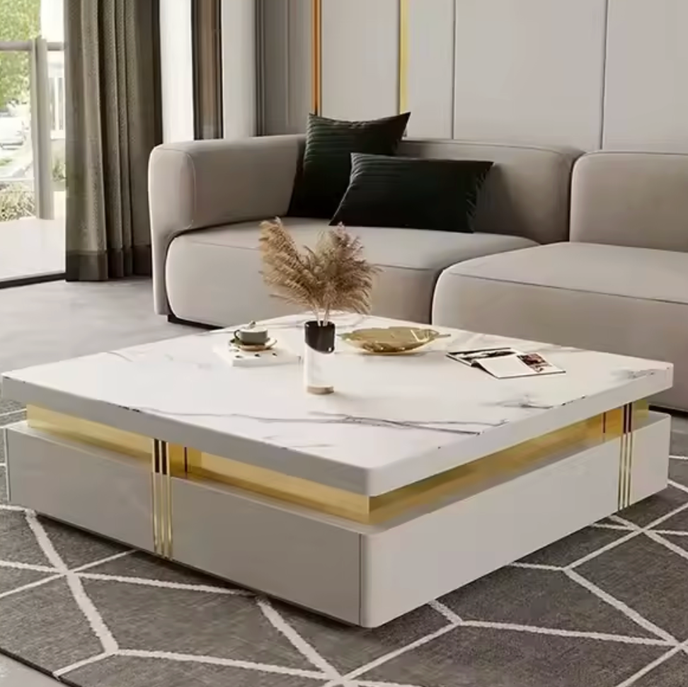Luxury White and Gold Marble Effect Coffee Table With Storage