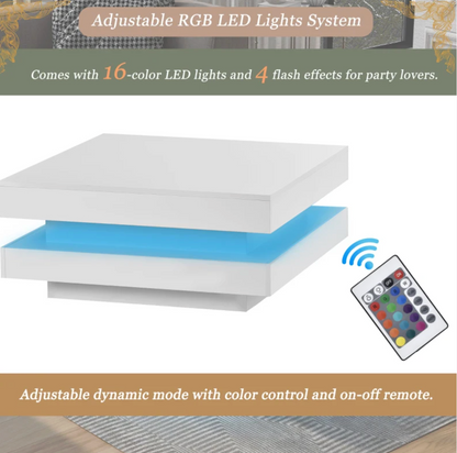 High Gloss White Round Coffee Table | Rotating Top & LED Lighting