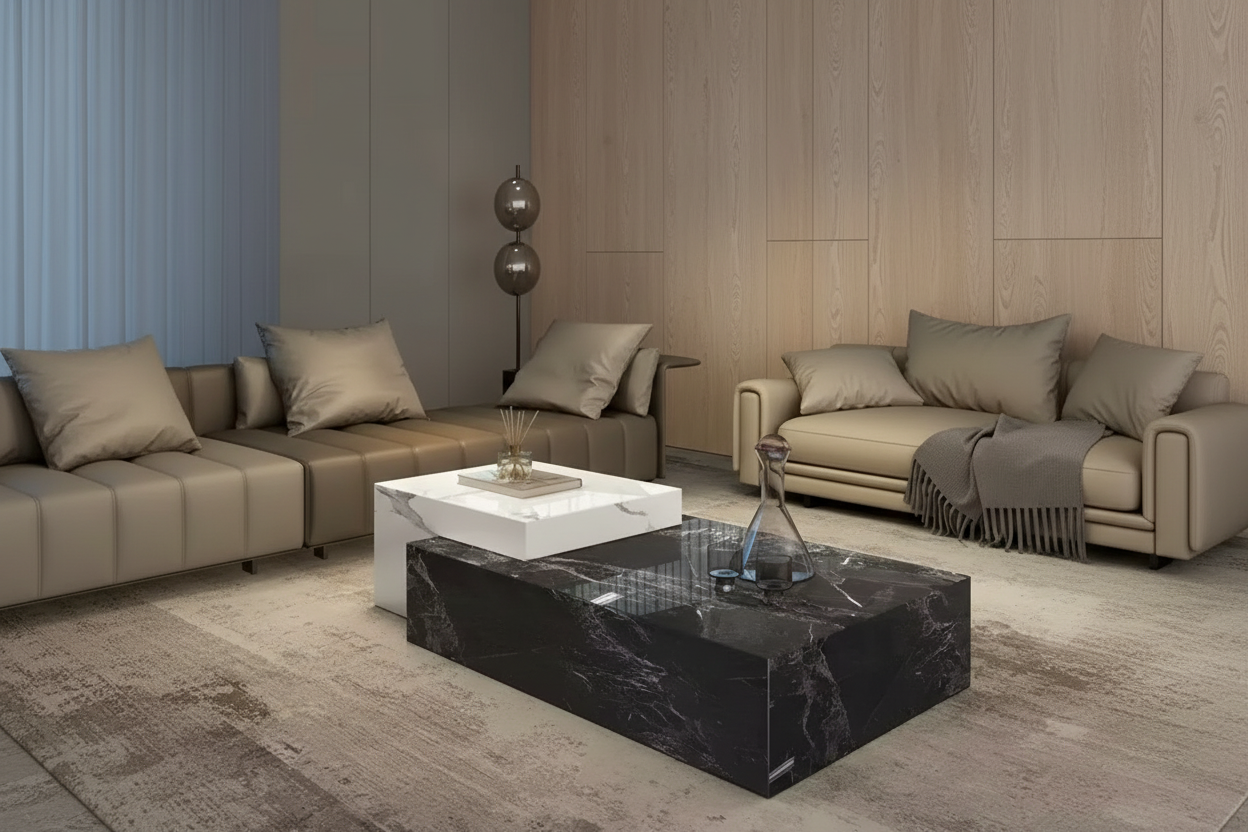 Contemporary Stone-Top Coffee Table | Hidden Storage | Black & White