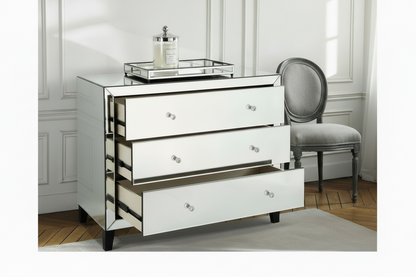 Woodsmith Luxury Mirrored 3 Drawer Chest – Crystal Knob Bedroom Storage Cabinet, Glam Mirrored Furniture 1000mm