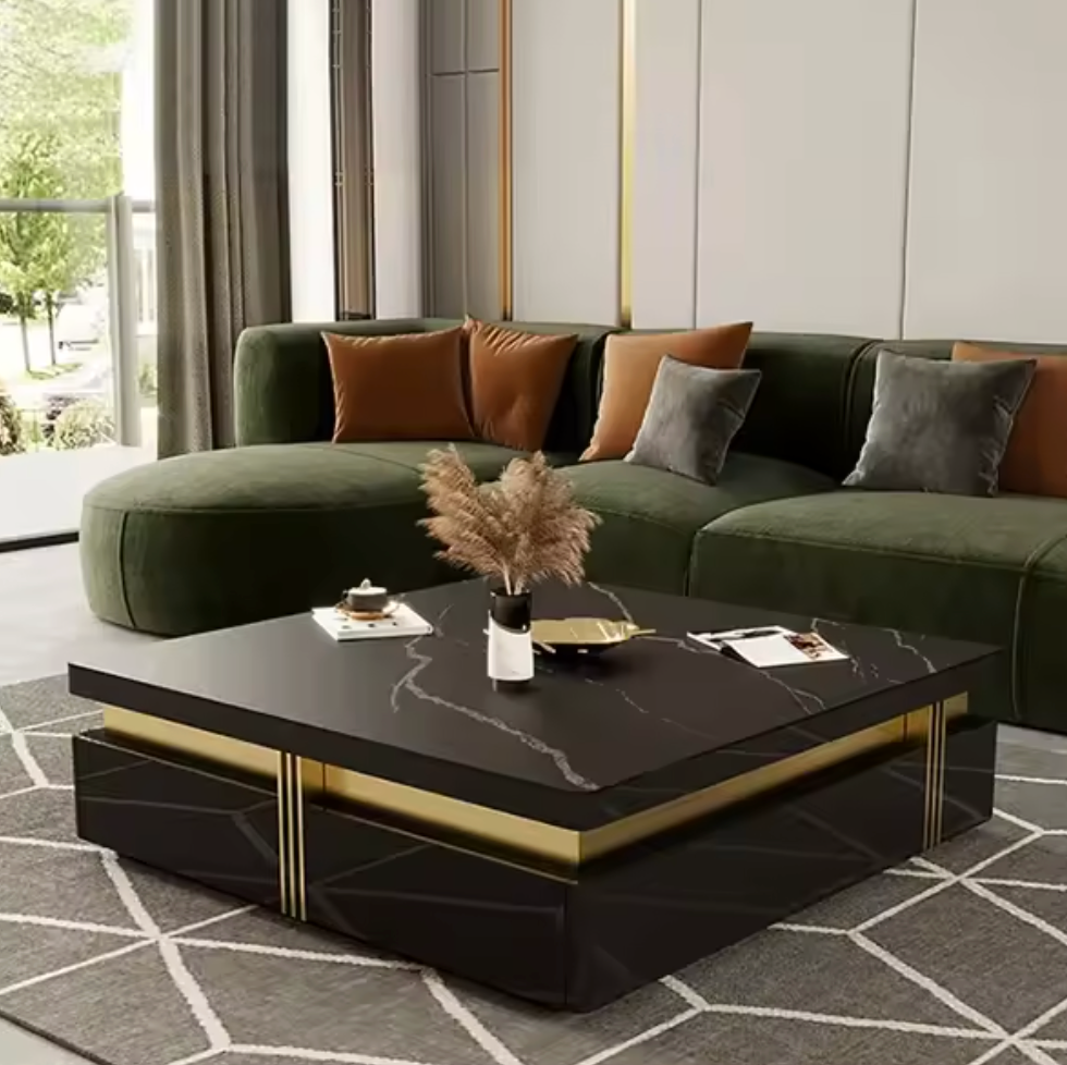 Luxury White and Gold Marble Effect Coffee Table With Storage