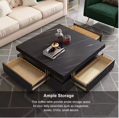 Luxury White and Gold Marble Effect Coffee Table With Storage