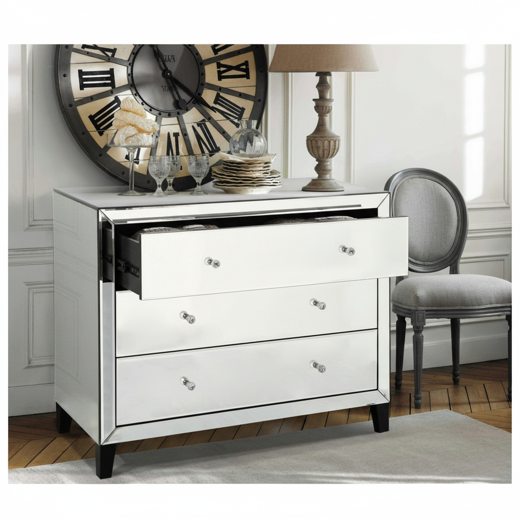 Mirrored 3 Drawer Chest of Drawers – Modern Bedroom Storage Unit