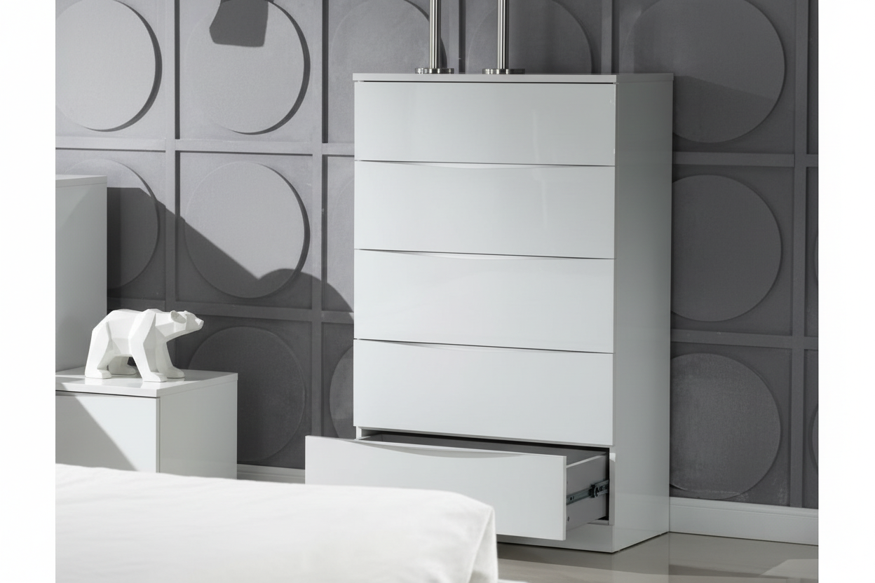 Arden White High Gloss 5 Drawer Chest of Drawers – Modern Bedroom Storage Cabinet