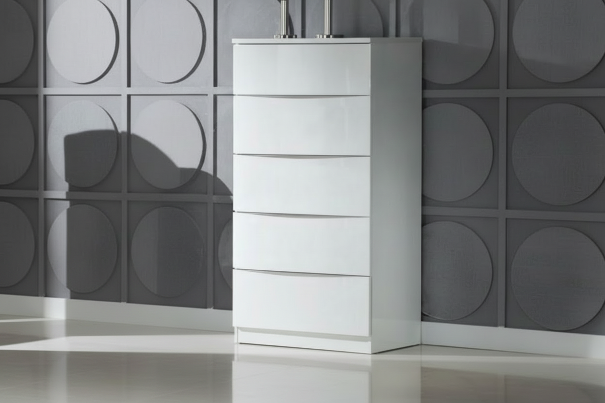 Arden White High Gloss 5 Drawer Chest of Drawers – Modern Bedroom Storage Cabinet