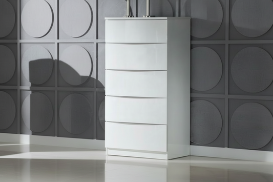 Arden White High Gloss 5 Drawer Chest of Drawers – Modern Bedroom Storage Cabinet