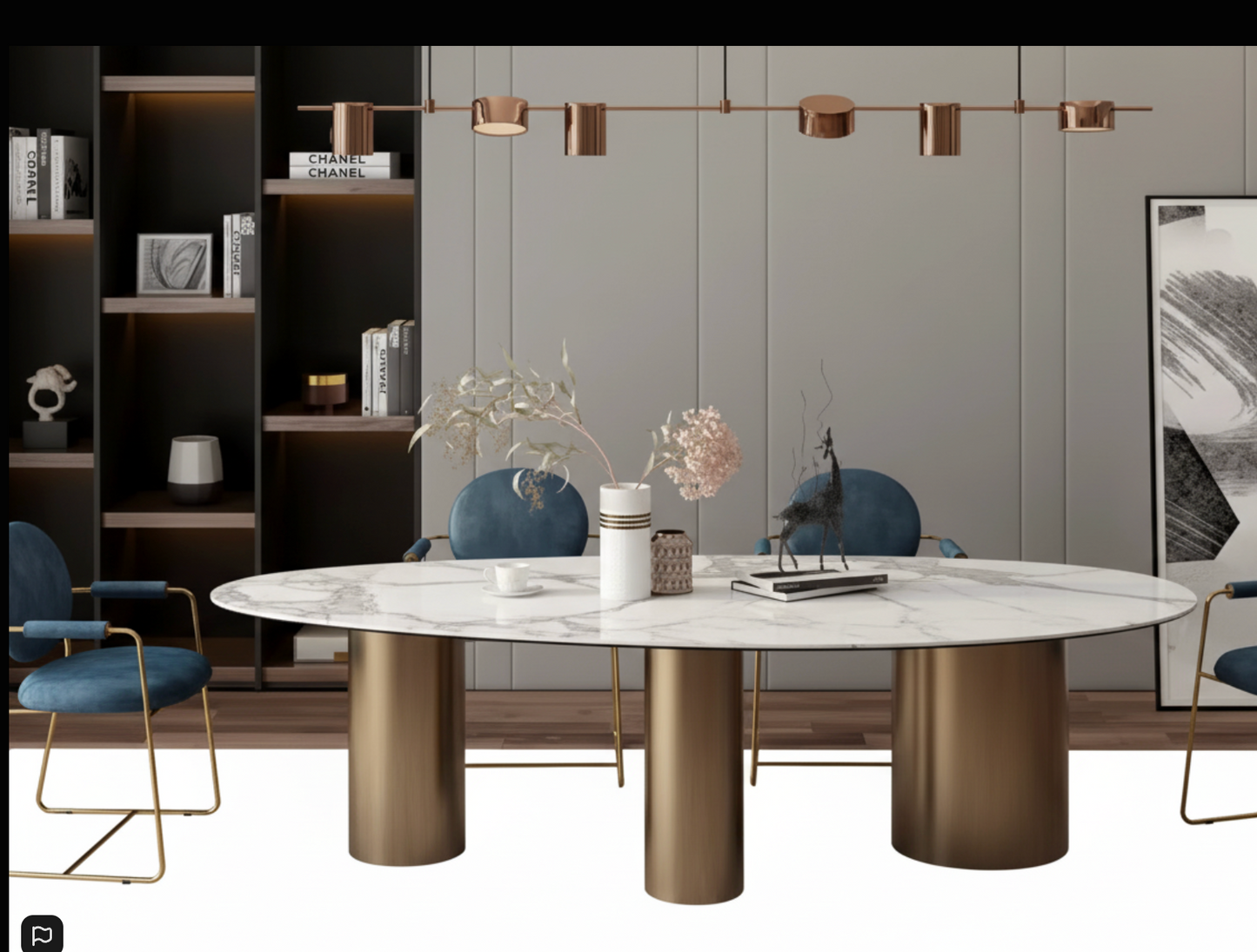 Italian Luxury Oval Dining Table with Gold Stainless Steel Base