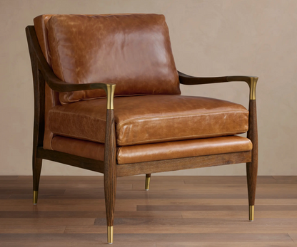 Traditional Real Leather Armchair – Solid Wood Frame Custom Upholstered Living Room Sofa Chair