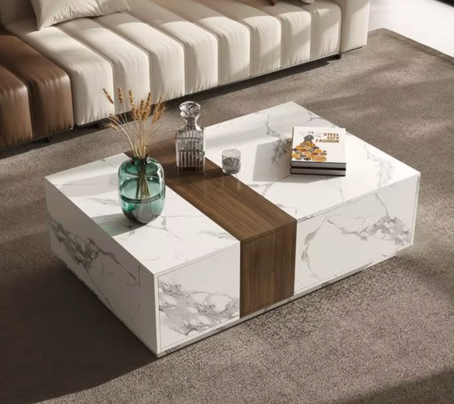 Woodly Marble & Walnut Veneer Coffee Table with 2 Drawers-FSC Certified