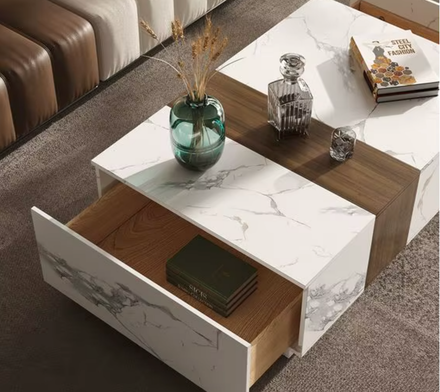 Woodly Marble & Walnut Veneer Coffee Table with 2 Drawers-FSC Certified