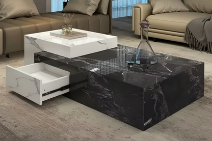Contemporary Stone-Top Coffee Table | Hidden Storage | Black & White