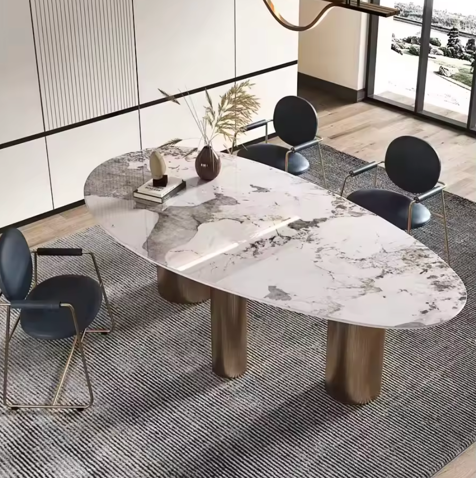 Italian Luxury Oval Dining Table with Gold Stainless Steel Base