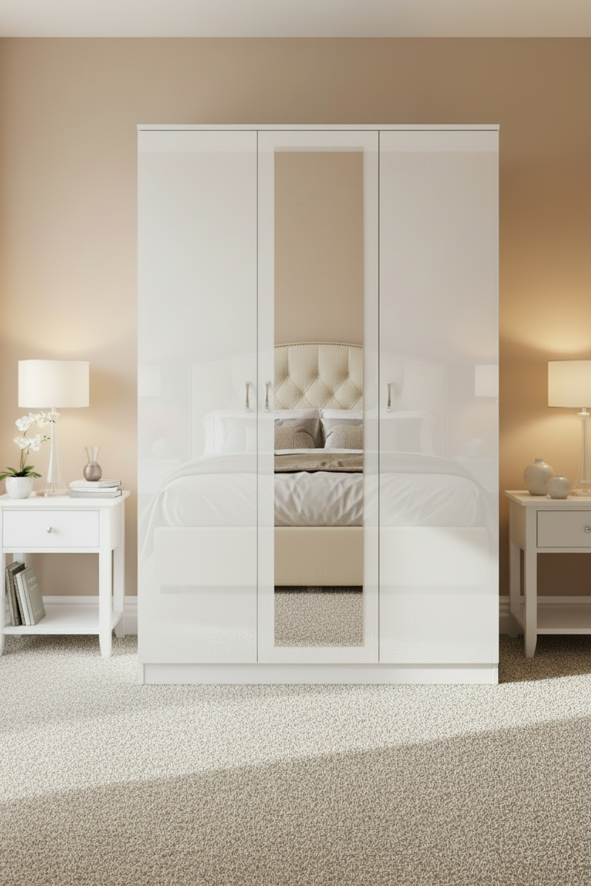 FWStyle Chilton 3 Door Wardrobe With Mirror – White Gloss