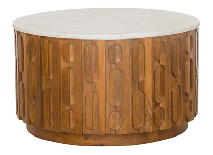Torcino Marble and Crarved Mango Wood Round Coffee Table