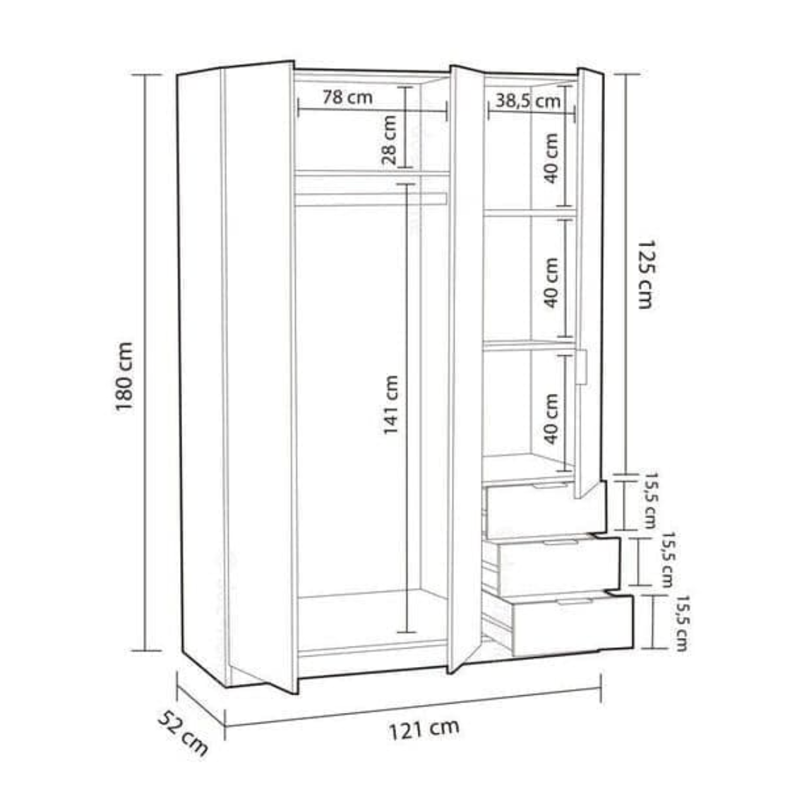 Cairo Oak Effect Compact 3 Door 3 Drawer Space-Saving Wardrobe LCX323R