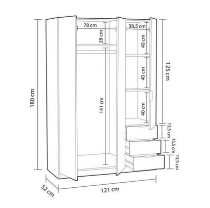 Cairo Oak Effect Compact 3 Door 3 Drawer Space-Saving Wardrobe LCX323R