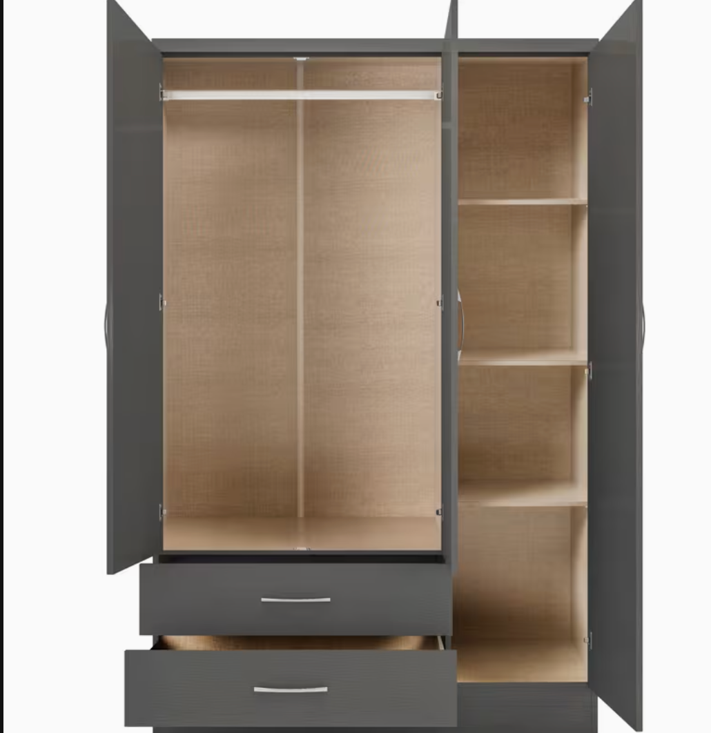Nevada 3 Door 2 Drawer  mirrored Wardrobe - 3D Effect Grey
