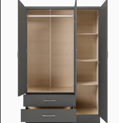 Nevada 3 Door 2 Drawer  mirrored Wardrobe - 3D Effect Grey