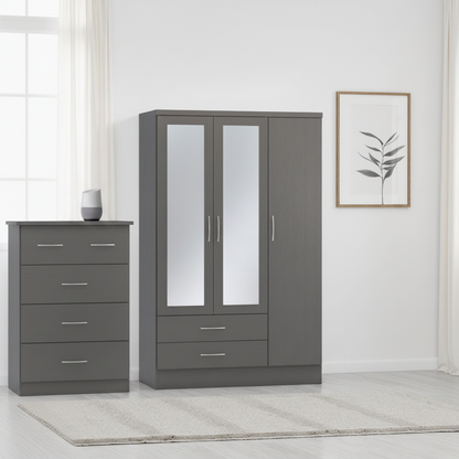 Nevada 3 Door 2 Drawer  mirrored Wardrobe - 3D Effect Grey