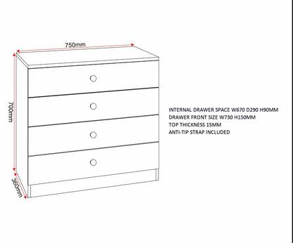 Denver 2 Door Wardrobe Bedroom Set 4 Piece White Gloss
