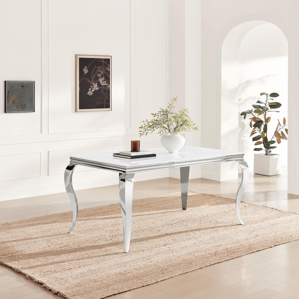 Skye Rectangular White Marble Effect Dining Table & 6 Grey Velvet Belgravia Chairs