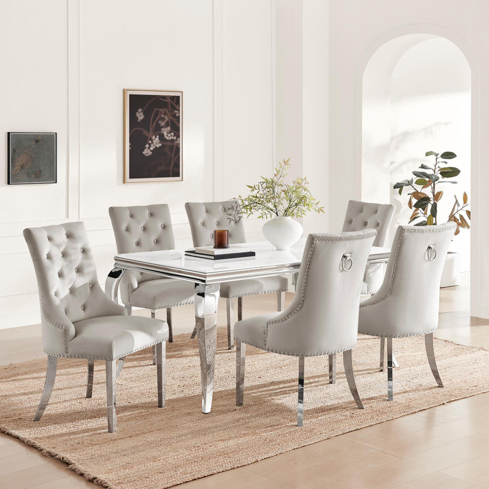 Skye Rectangular White Marble Effect Dining Table & 6 Grey Velvet Belgravia Chairs